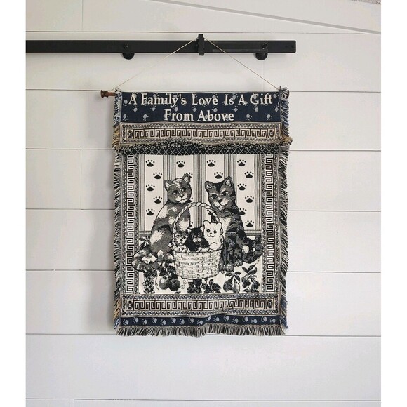 Vintage Cats Kittens Tapestry Woven Wall Hanging Decor Dowel Rod Art Deco - Picture 1 of 6